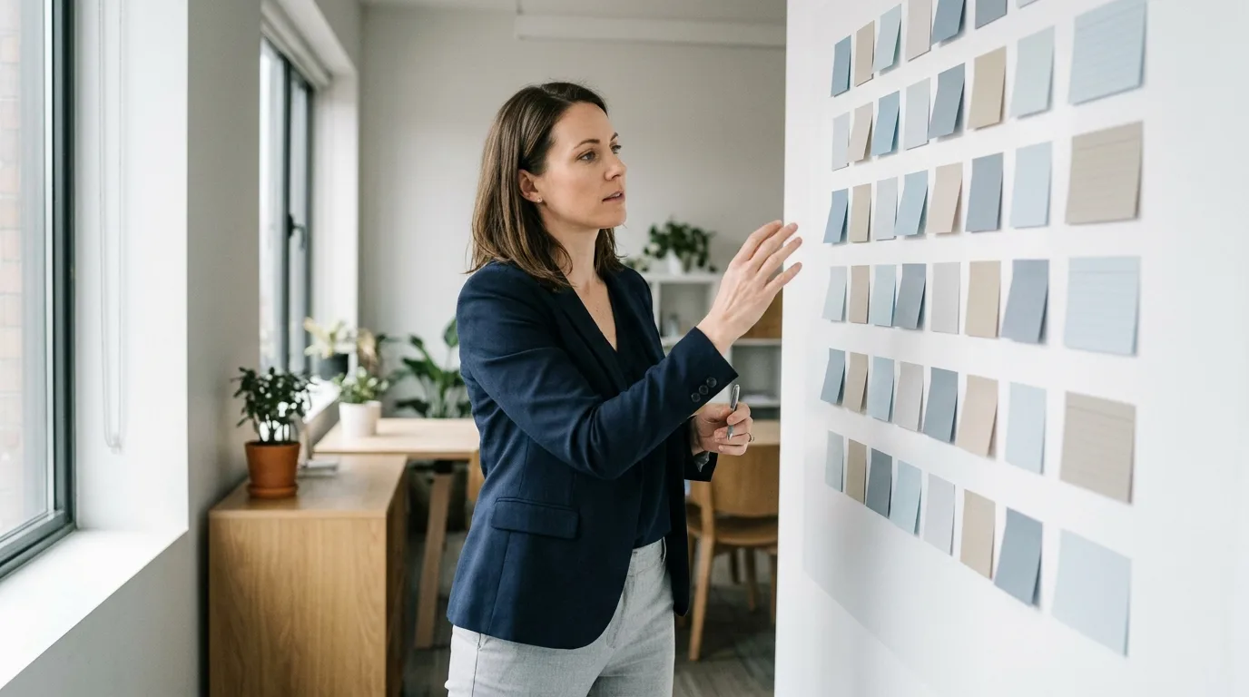 Product leader mapping a roadmap of feature priorities on a wall of sticky notes while reviewing data on a laptop