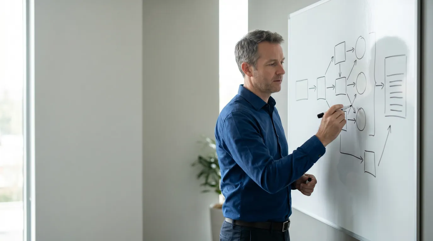 A search consultant at a whiteboard sketching a query-understanding diagram of boxes and arrows