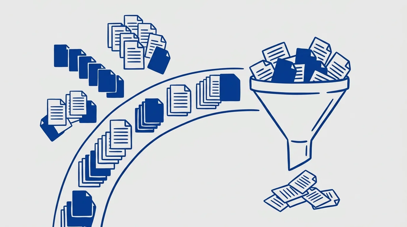 Multiple stacked document icons arcing into an overflowing funnel, illustrating RFP sources overwhelming a single manual intake process.