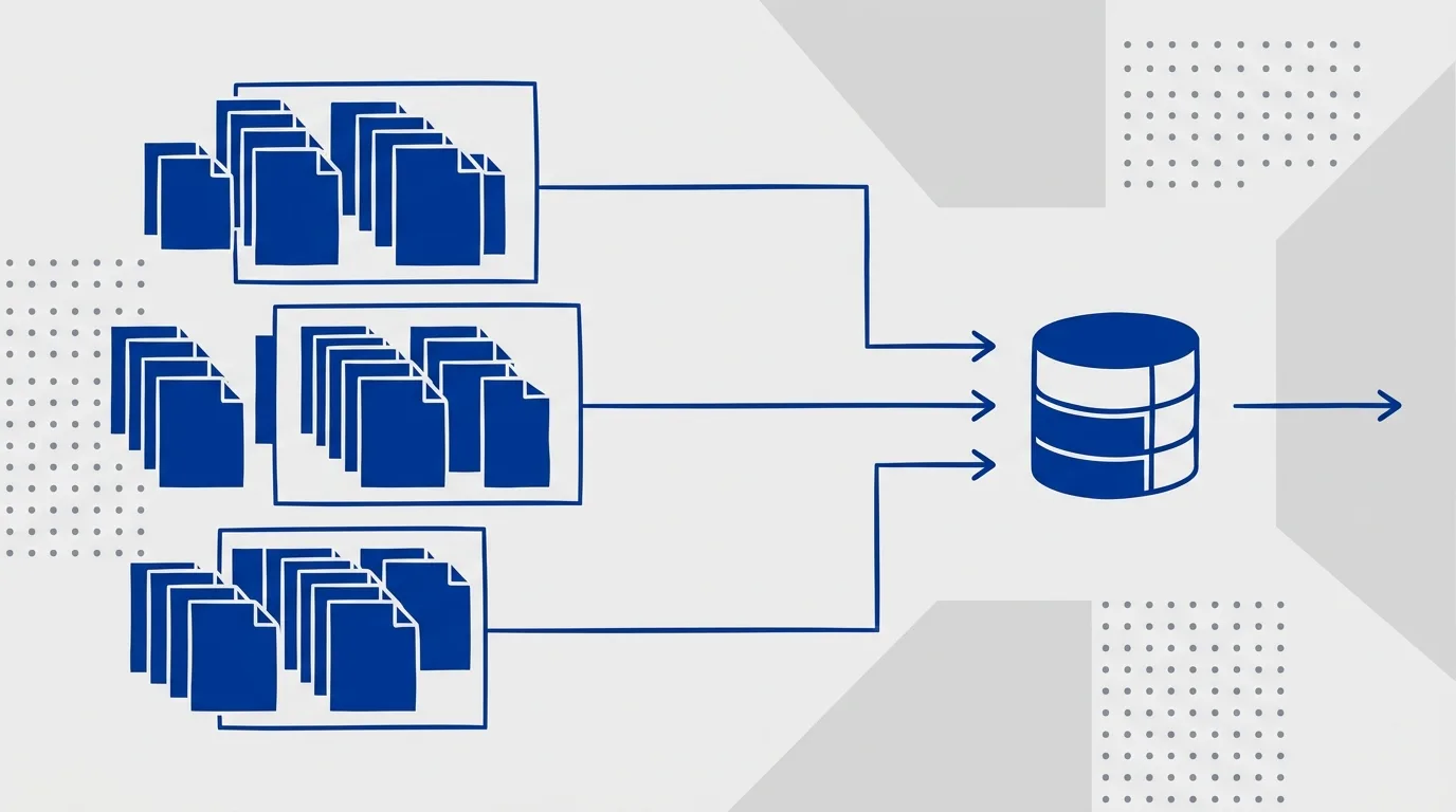 Three batched clusters of documents with arrows flowing left-to-right into a central search index cylinder, illustrating efficient bulk-windowed ingestion with high throughput.