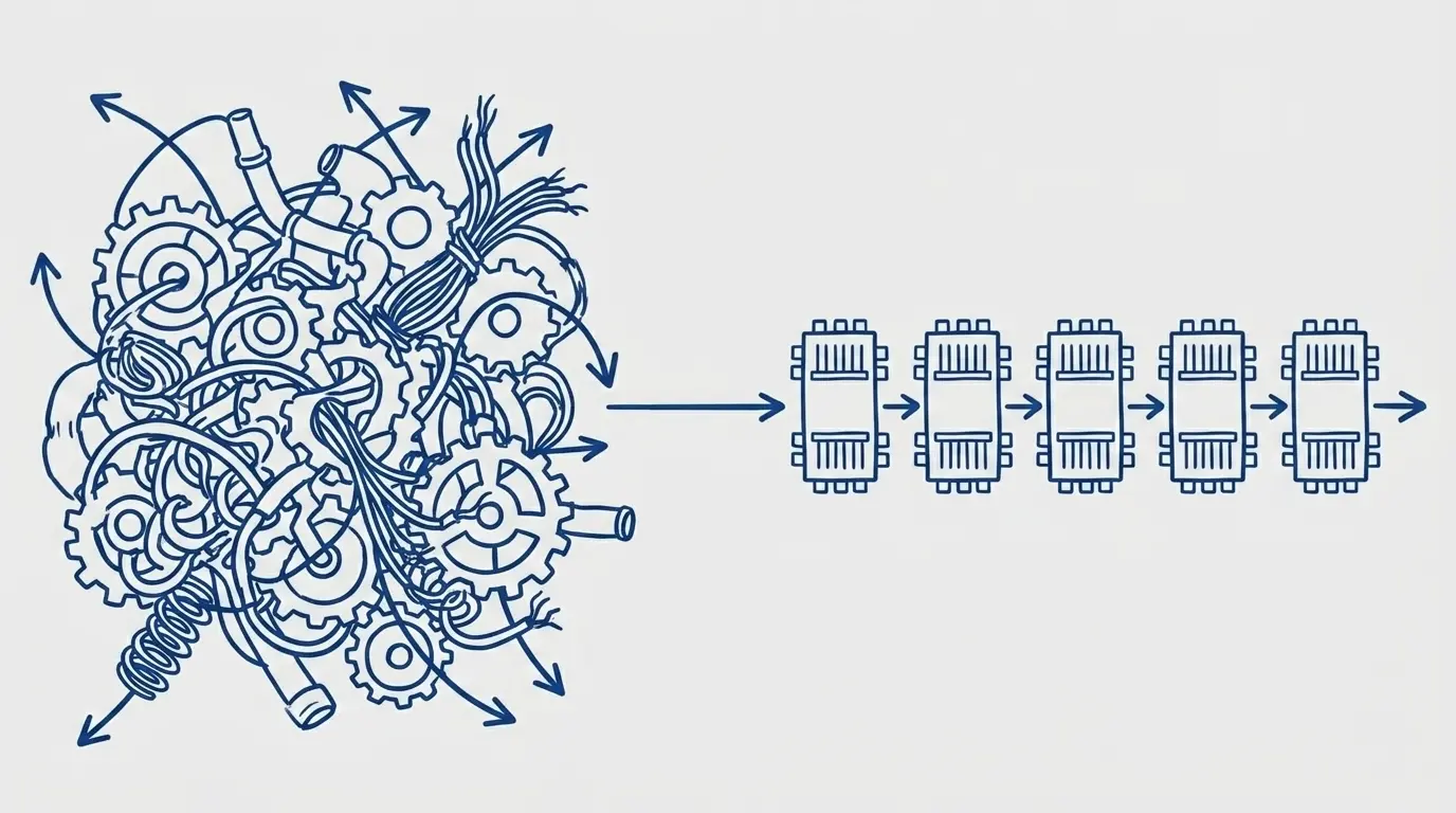 Tangled web of interlocking gears and wires on the left collapsing through an arrow into a clean linear sequence of modular engine components on the right, representing the shift from bespoke custom code to proven built-in search engine capabilities.