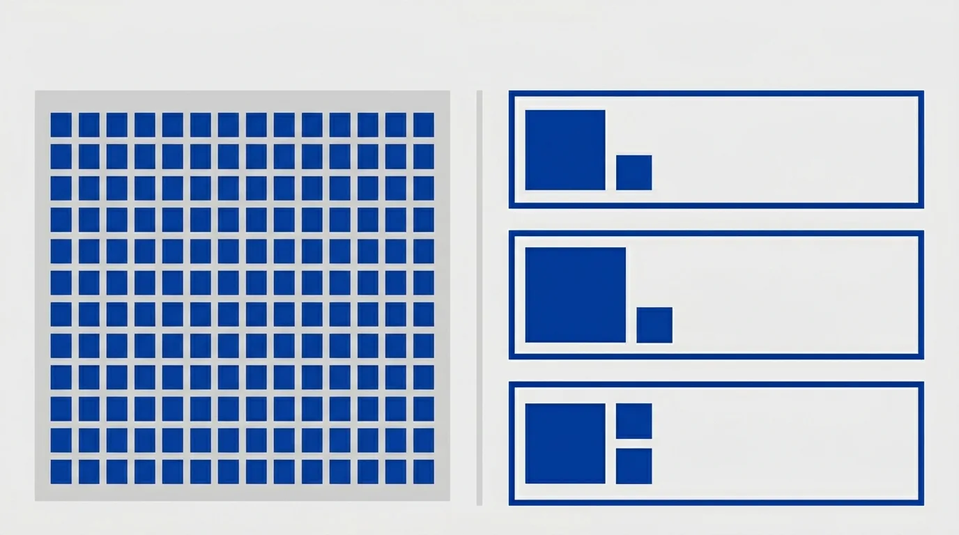 Dense grid of many small uniform tenant units sharing a single pool on the left, alongside three isolated dedicated lane containers of varying sizes on the right, showing small tenants pooled together and large tenants given their own resourced space.