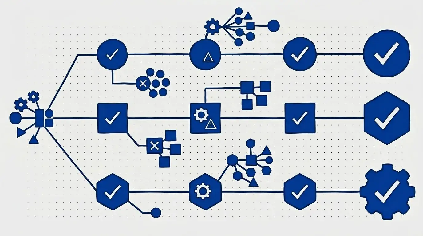 Abstract governance pipeline illustrating AI evaluation checkpoints and responsible oversight stages.