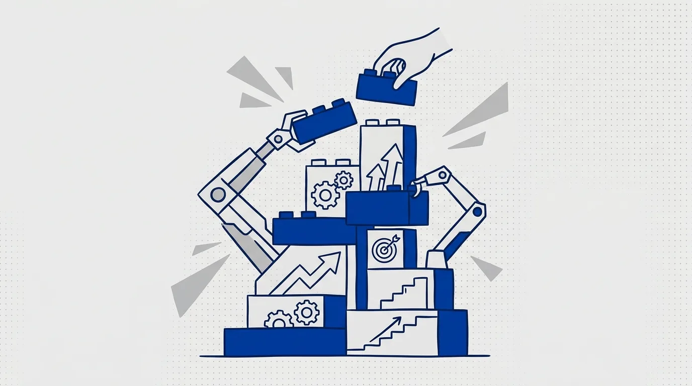 Stacked building blocks assembled by mechanical arms, representing post-acquisition portfolio company value creation.
