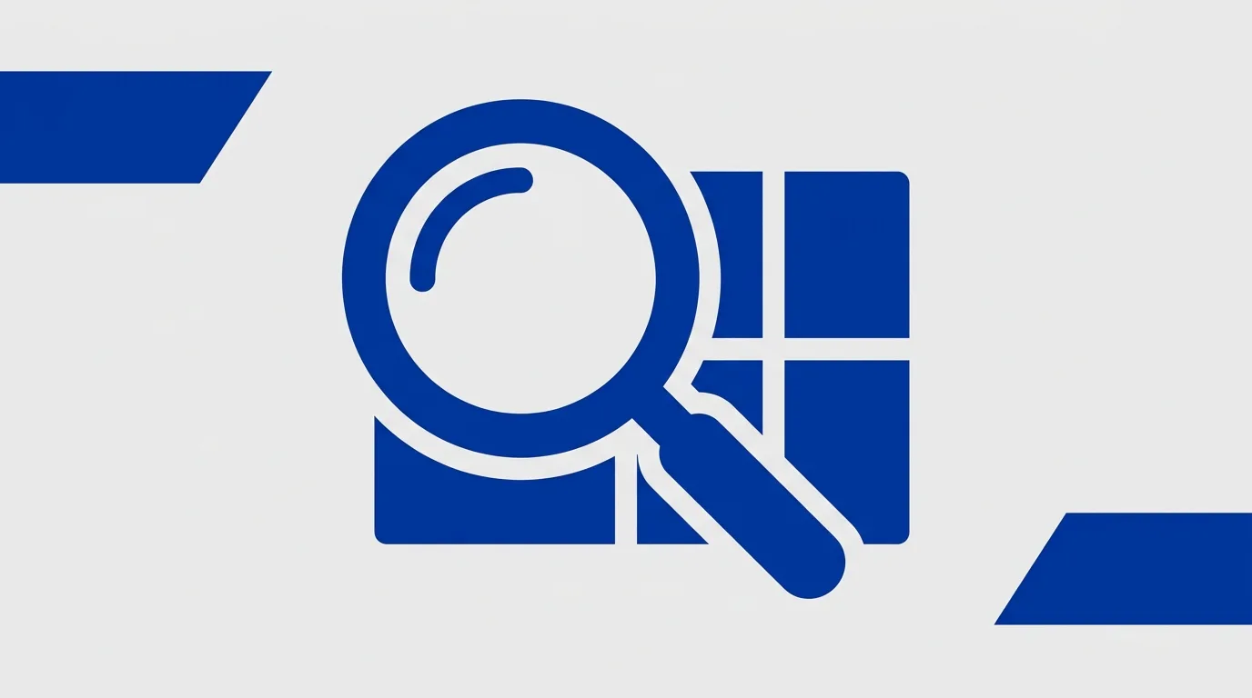 Bold magnifying glass examining a four-box architecture grid, representing systematic technical due diligence before a deal.