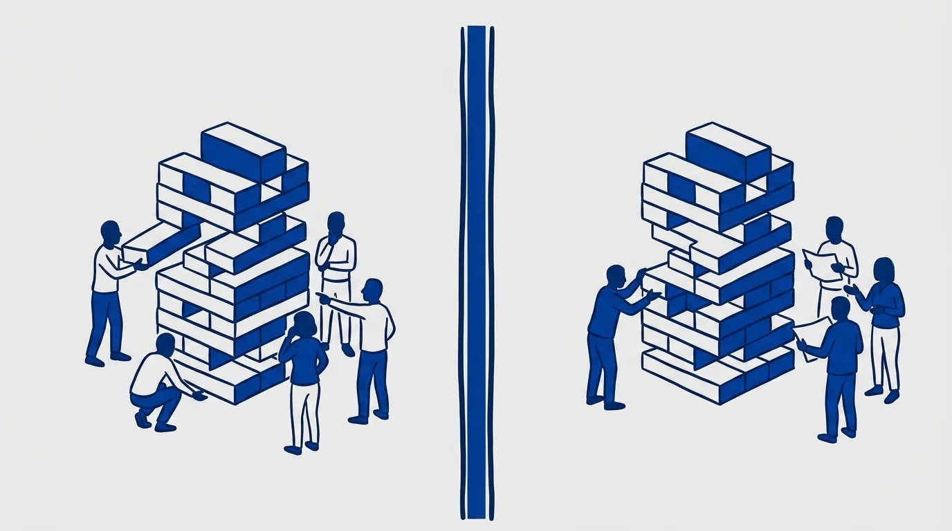 Several groups of figures separated by vertical lines, illustrating multiple internal technology organizations operating in silos within a single company.