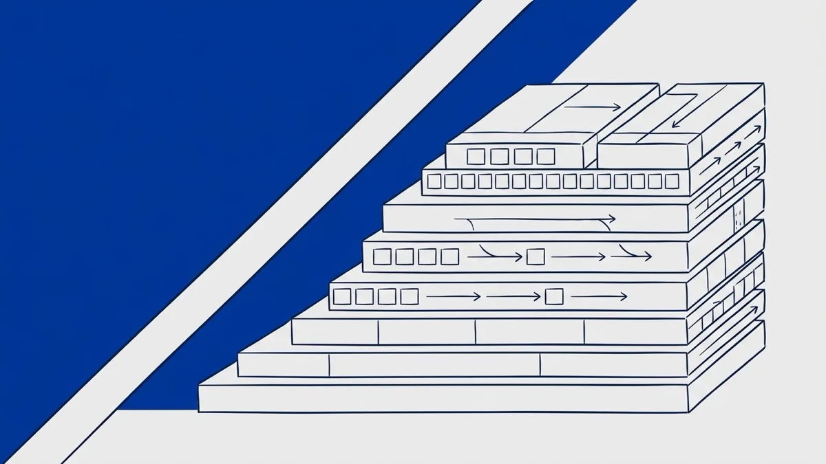 Abstract two-tone illustration of organized horizontal layers stacked into a stable structure, representing a codebase moved from ad-hoc chaos to reproducible engineering footing.