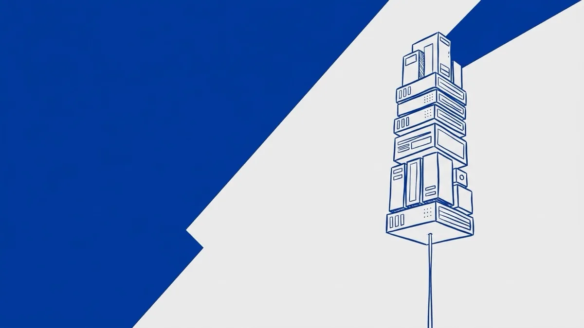 Abstract two-tone illustration of a tall stack of blocks balanced on a single thin thread, representing a revenue-generating platform with one critical point of failure.