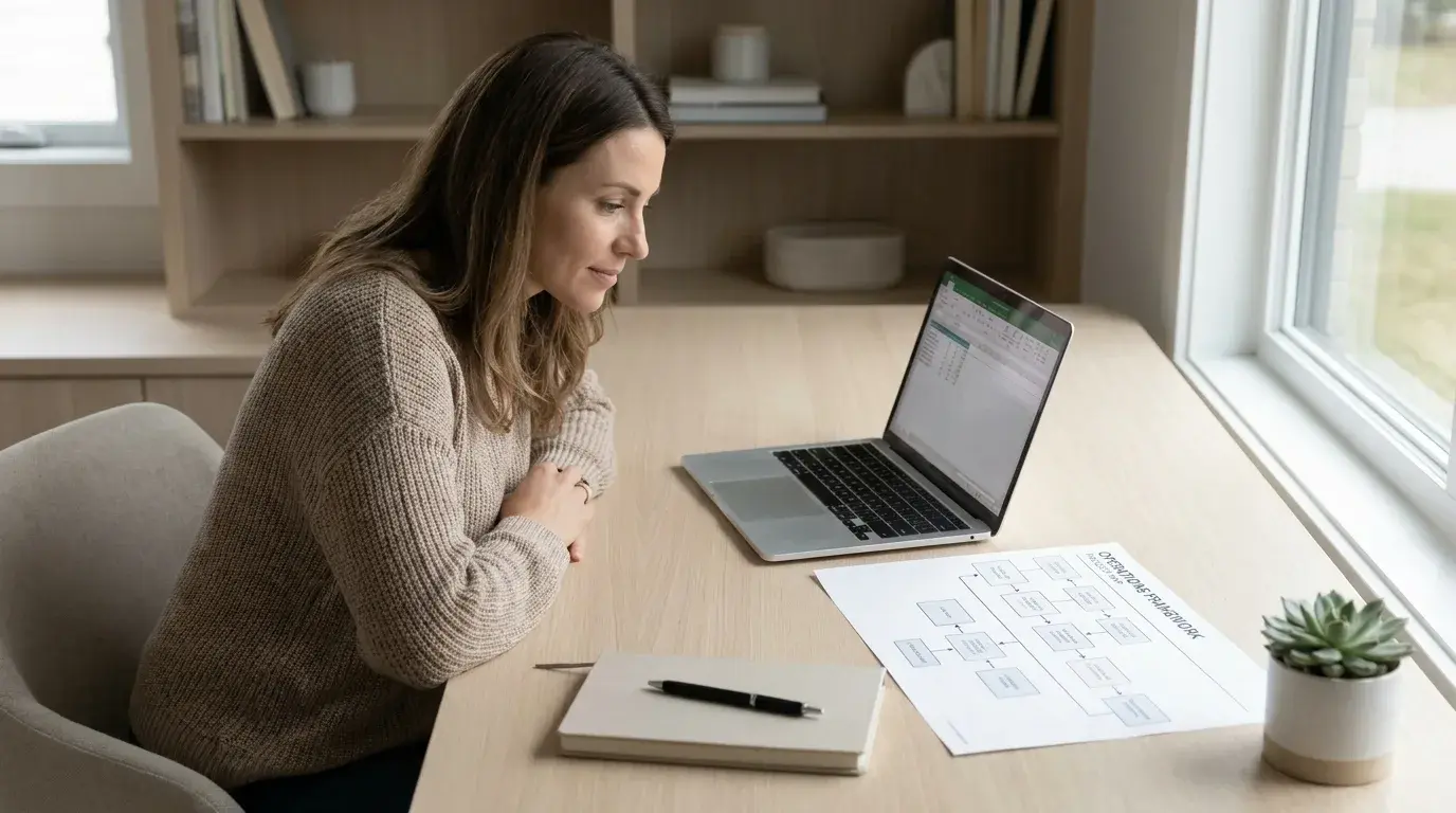 Operations professional reviewing a structured process framework at a clean desk, laptop open, natural light from a side window